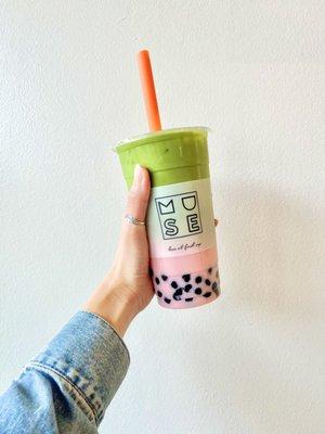 Pink Matcha Regular with Boba