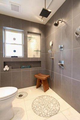 Universal Design Gray Bathroom - Shower Features