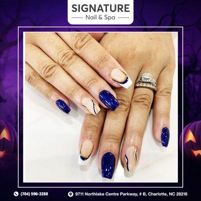 Elegant beauty with deep blue tones and delicate line designs