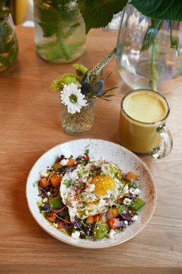 Breakfast Hash and Hot Golden Milk Latte