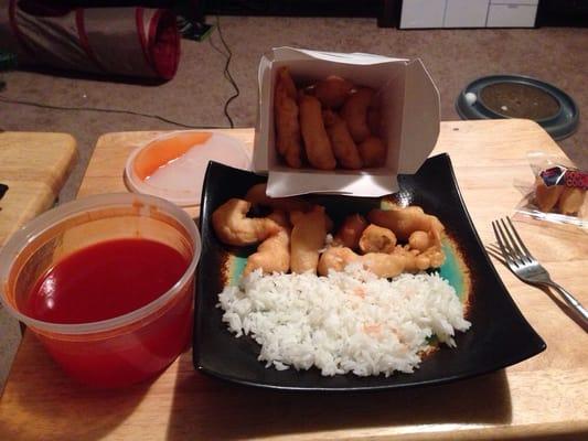 Sweet and sour chicken with steamed rice