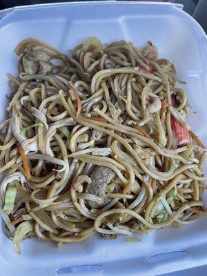 The oddest house/combination chow mein. Imitation crab and the tiniest shrimp.