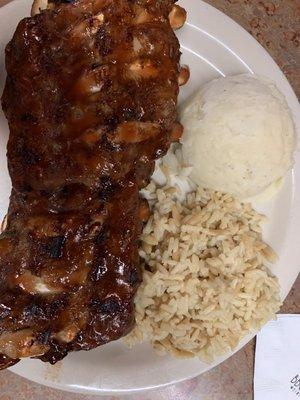 1/2 rack of ribs, potatoes and rice pilaf YUM