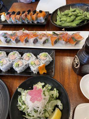 Cucumber salad. California roll. Diablo roll. Rising sun roll. Edamame.