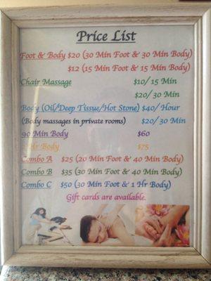 Price list. Very affordable with many options!