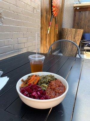 Vegan bowl and iced ginger tea