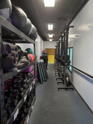 Fitness equipment for group classes.