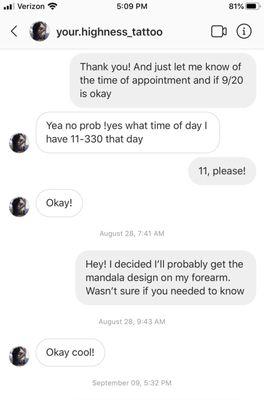 Conversation of Ashley saying she's available at 11 on that day