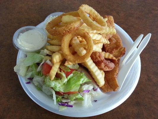 $7.25 Fish Platter - 4 Stars - Platter has a lot going for it. Great fish and salad, boring fries and decent coleslaw.