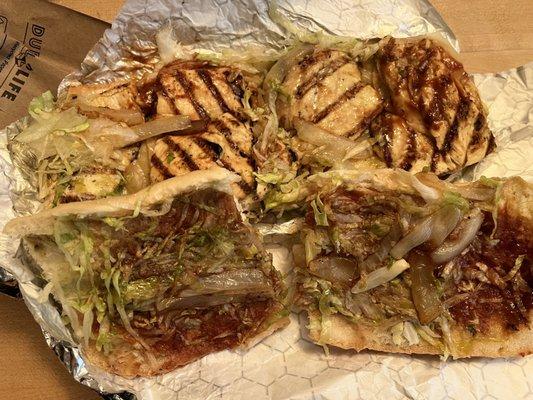 Grilled Chicken Breast Sandwich w cheese, onions, lettuce and bbq sauce