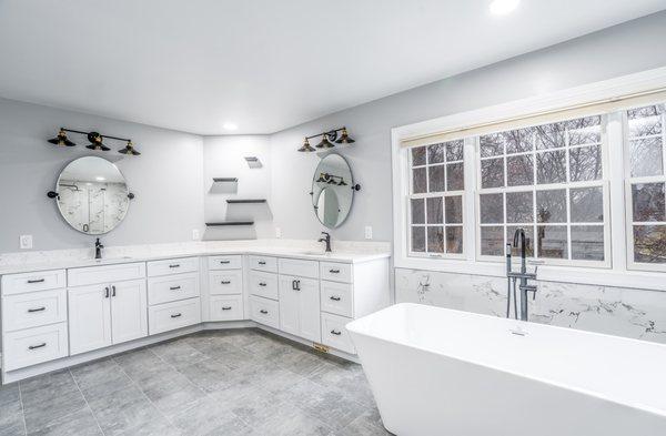 Master Bathroom Remodeled With White Flooring, Bathtub, Shower, Highland MD