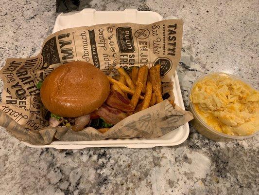 Rowdy Jamaican Burger and a side of Mac N' Cheese