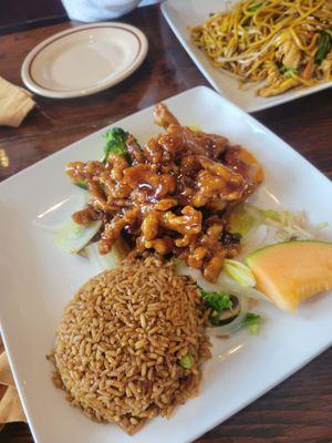 Honey chicken with fried rice. The rice is soggy and the chicken is really spicy.