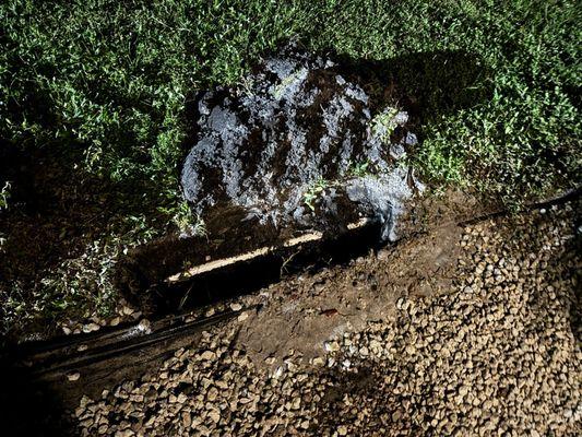 Trench in yard with irrigation exposed