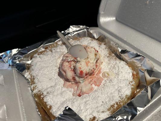 Fried dough with strawberry cheesecake ice cream