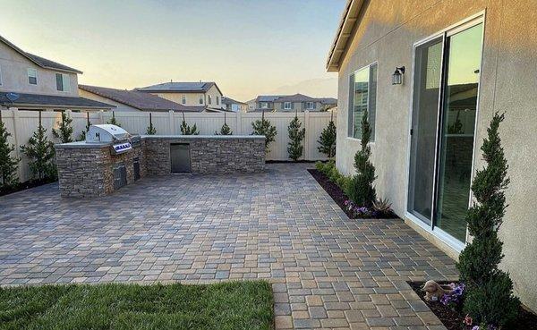 Plants, mulch ,spiral junipers and hedge set to grow in