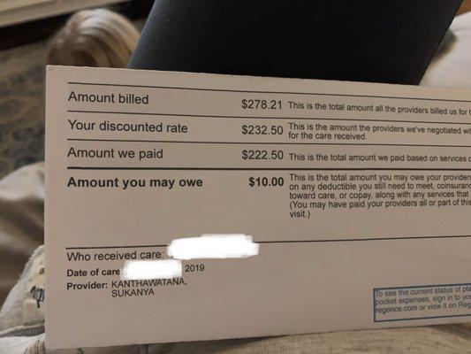 Insurance Bill from visit.