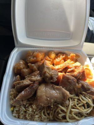 Double orange chicken n teriyaki chicken w fried rice and chow mein