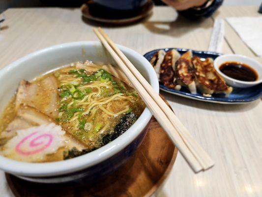 Dinner@Hokkaido Ramen Santouka 9/27/2023.My Usual order, med. Sz Shoyu Ramen & side Order Gyoza.Perfect combo Meal 4me.Shared Gyoza w/David.