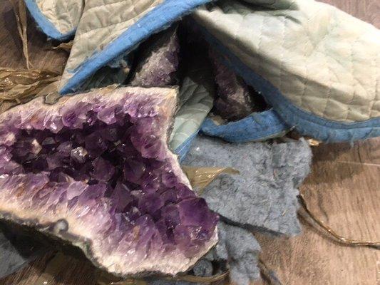 Priceless cathedral amethysts wrapped and moved by Boyer with complete negligence. They acknowledged they did not pack or move them properly