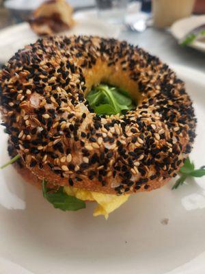 Breakfast sandwich on an everything bagel