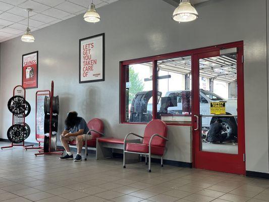 Clean and bright waiting area. "Let's get you taken care of." is their slogan, and their employees live up to that.