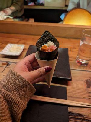 Uni + toro + ikura hand roll