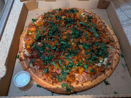 Al pastor pizza - with beans, cheese, tocino jalapeno, pineapple, cilantro