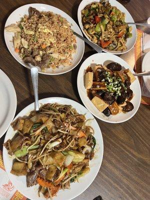 Beef Chow Fun, Tofu with  Mushrooms, Combination Fried Rice, and Chicken with Mushrooms