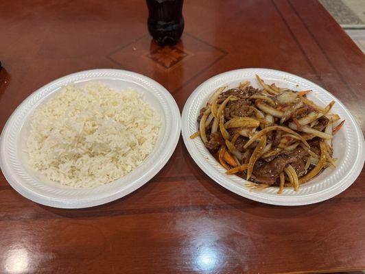 Mongolian beef (no green onions and celery) with white rice.