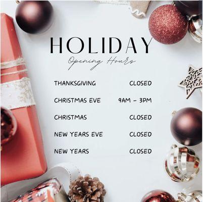 Take a look at our upcoming holiday salon hours! We hope to see you in this holiday season! Book online or give us a call