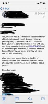 The agreement we have between condo owners, property managers and this pest/insect control company.