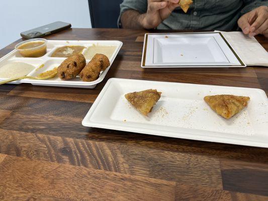 Idli and Vada, and potato samosas