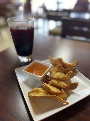 Crab rangoons with Roselle (hibiscus tea - very heavy syrup flavor)