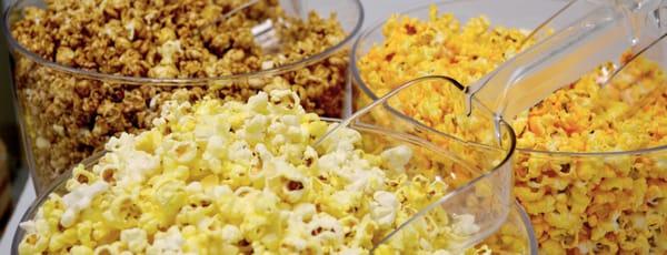 The Royal Popcorn Factory's three most popular flavors: traditional, caramel & cheddar corn.