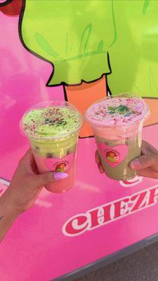 Our delicious dynamic duo! Strawberry shortcake iced drink (on the left) and our sweet matcha strawberry bliss (on the right)