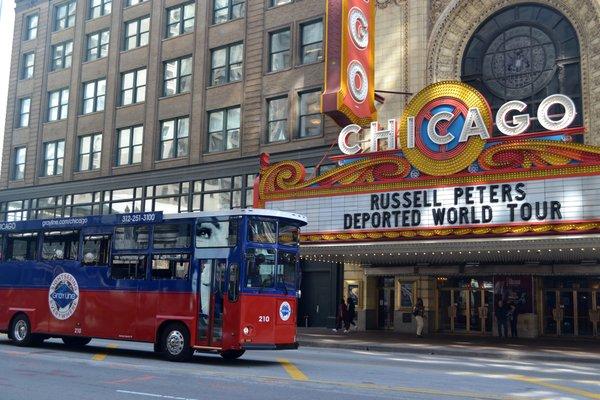 Driving past the famous Chicago Theatre