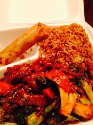 Daily Special - Hunan beef with Spring Roll and Fried Rice. (To Go)