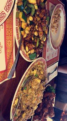 Kung pao chicken, fried rice, & orange glazed chicken