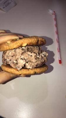 Warm peanut butter cookie sandwich with brownie ice cream