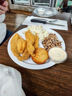 Meat and two. Catfish, purple hull peas, coleslaw and cornbread.