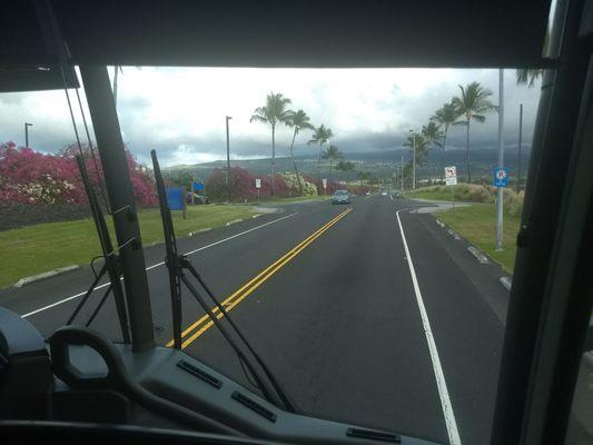 front row seat all by ourselves on the 56 passenger touring bus