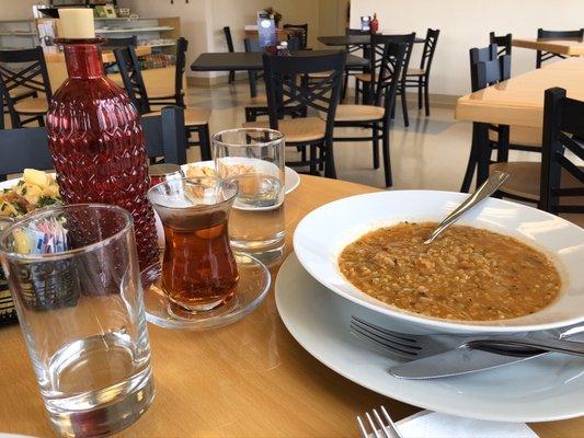 Fabulous hearty Lentil Soup and typical Turkish tea, just as I remember.