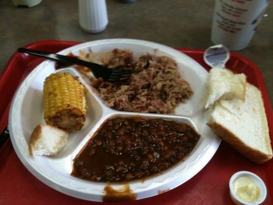 Pulled pork plate, baked beans and fried corn