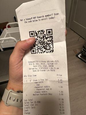 Receipt from purchase