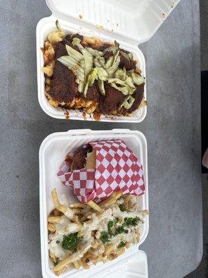 Hot chicken sandwiches, loaded Mac & cheese, and garlic Parmesan fries