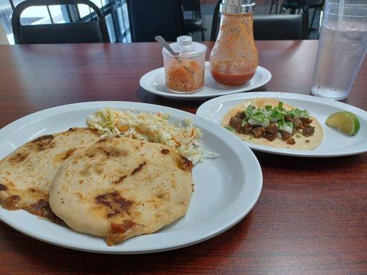 Lunch of two pupusas and a steak taco