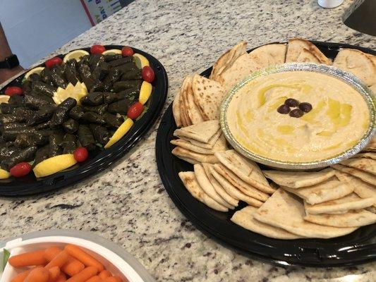 Dolmades and hummus catering platter