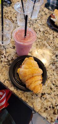 Ham, egg, and cheese croissant. Razzleberry smoothie