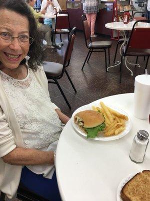 Lynda likes today's special: The Breaded Steak sandwich! Delicious!